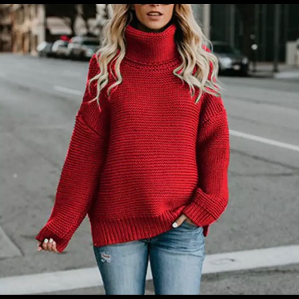 Red turtleneck sweater